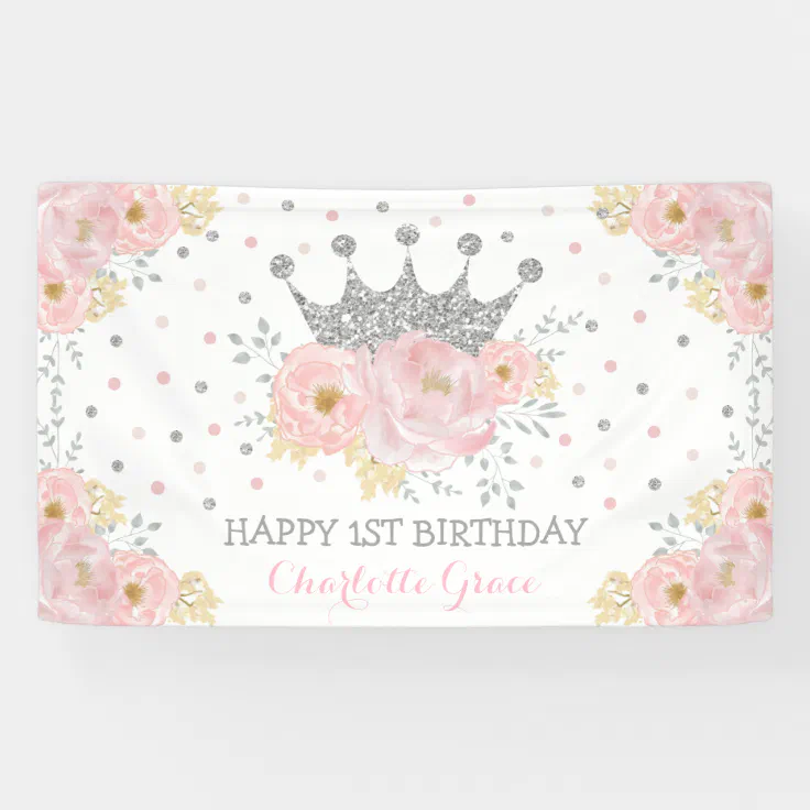 Silver Blush Pink Floral Crown Princess Birthday Banner | Zazzle