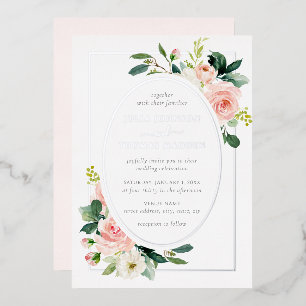Silver Blush Pink Floral Frame Wedding  Foil Invitation
