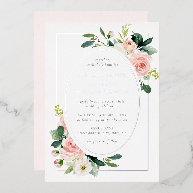 Silver Blush Pink Floral Frame Wedding  Foil Invitation (Front/Back)