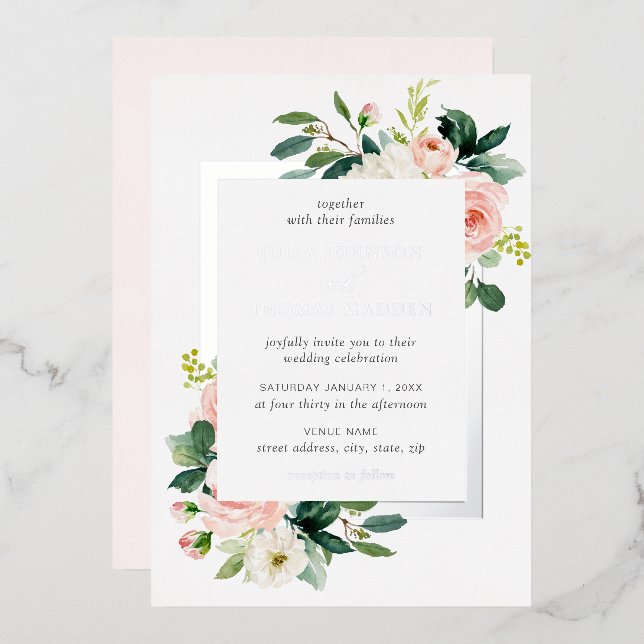 Silver Blush Pink Floral Frame Wedding  Foil Invitation (Front/Back)