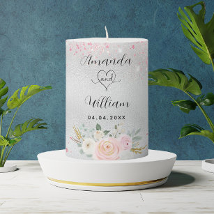 Silver blush pink florals names elegant wedding pillar candle