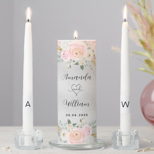 Silver blush pink florals names elegant wedding unity candle set