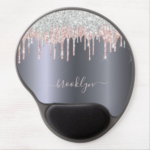 Silver blush pink glitter drip sparkle monogram gel mouse pad
