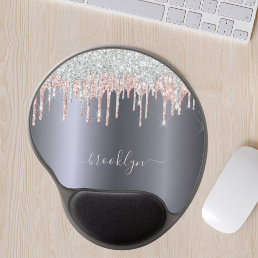 Silver blush pink glitter drip sparkle monogram gel mouse pad