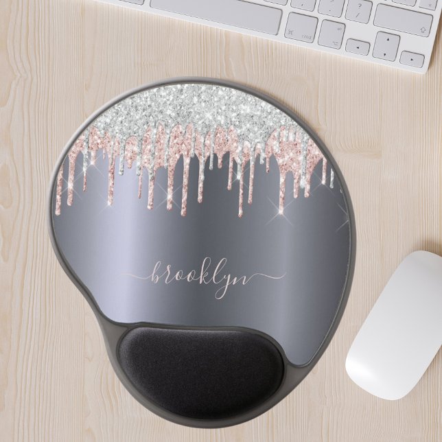 Silver blush pink glitter drip sparkle monogram gel mouse pad (Creator Uploaded)