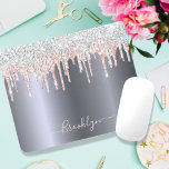 Silver blush pink glitter drip sparkle monogram mouse pad<br><div class="desc">An elegant, girly and glam mouse pad. A dark faux silver background. Decorated with silver and blush pink, sparkling faux glitter drips, paint dripping look. A bit of everyday luxury and bling. Personalize and add your name. The name is written with a modern hand lettered style script. Light pink colored...</div>