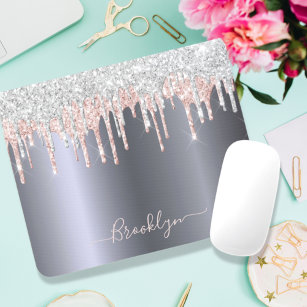 Silver blush pink glitter drip sparkle monogram mouse pad