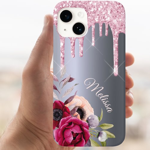 Silver blush pink glitter drips floral name Case_Mate iPhone 14 case