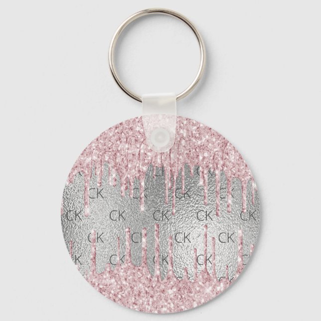 Silver blush pink glitter drips monogram initials  keychain (Front)