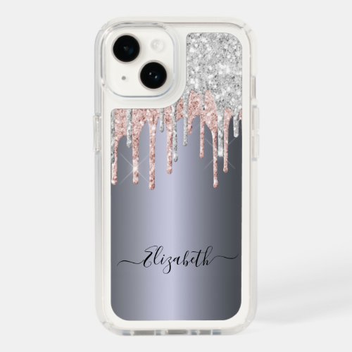 Silver blush pink glitter drips name script speck iPhone 14 case