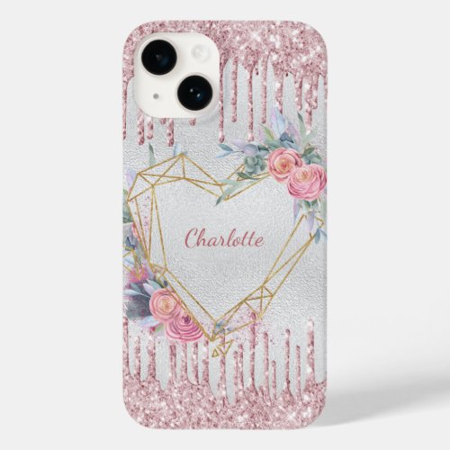 Silver blush pink glitter floral monogram name Case_Mate iPhone 14 case