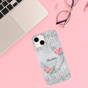 Silver blush pink glitter floral monogram name  Case-Mate iPhone 14 case