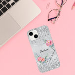 Silver blush pink glitter floral monogram name  Case-Mate iPhone 14 case<br><div class="desc">A faux silver metallic looking background. Faux glitter drips,  paint dripping look as decoration. A silver heart decorated with pink flowers.  Personalize and add a name. The name is written with a modern hand lettered script.</div>