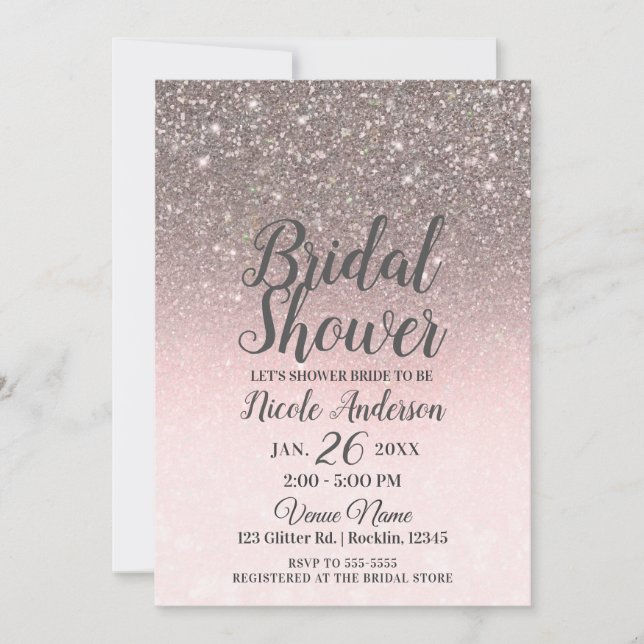 Silver & Blush Pink Glitter Sparkle Bridal Shower Invitation (Front)