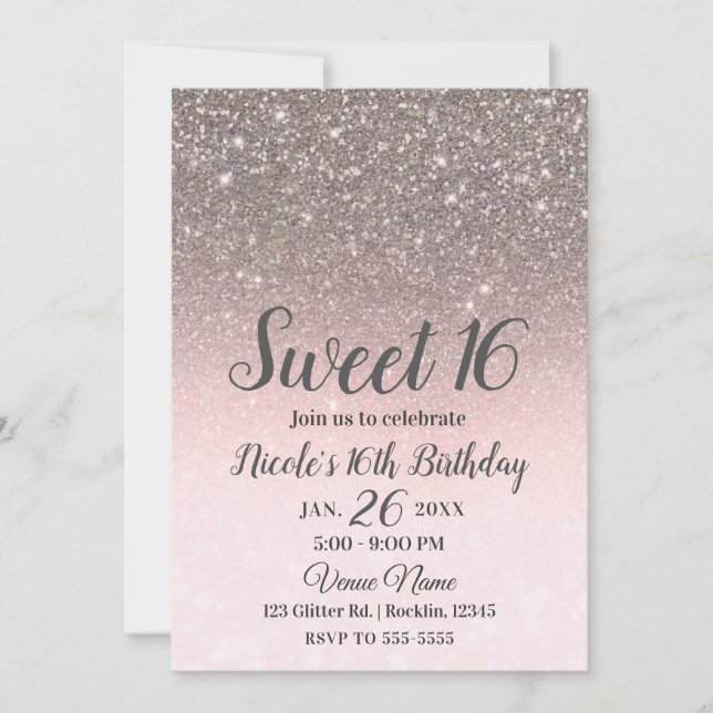Silver & Blush Pink Glitter Sparkle Glam Sweet 16 Invitation (Front)