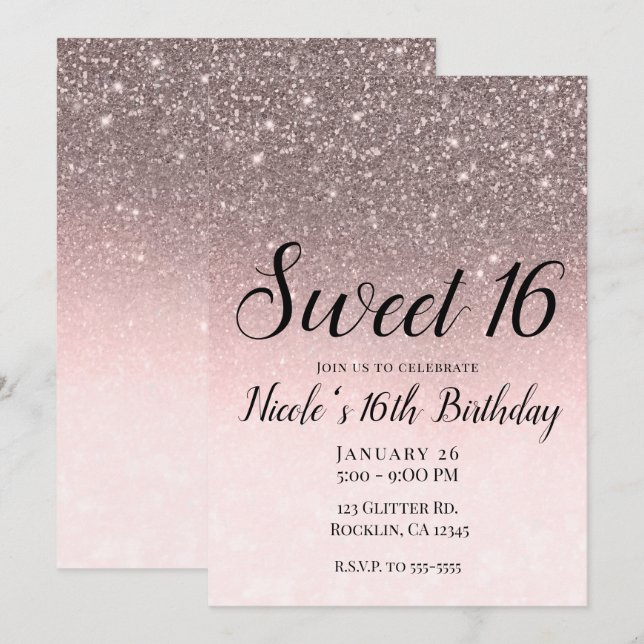 Silver & Blush Pink Glitter Sparkle Glam Sweet 16 Invitation (Front/Back)