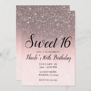 Silver & Blush Pink Glitter Sparkle Glam Sweet 16 Invitation