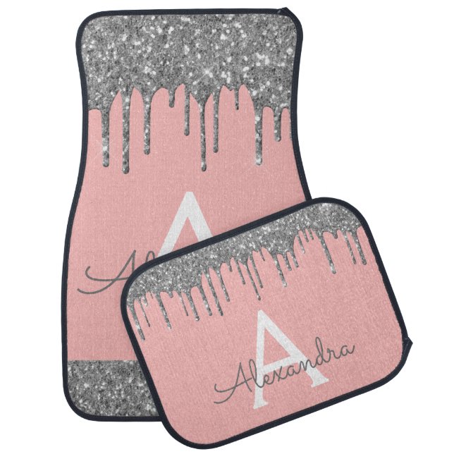 Silver Blush Pink Glitter Sparkle Monogram Car Floor Mat (Set)