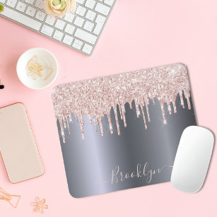 Silver blush pink glitter sparkle monogram mouse pad