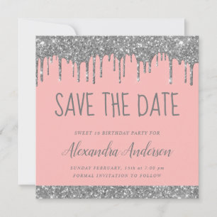 Silver Blush Pink Glitter Sweet 16 Save the Date Invitation