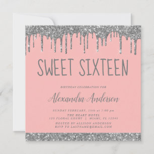Silver Blush Pink Glitter Sweet Sixteen Birthday Invitation