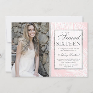 Silver blush pink palm tree pattern photo Sweet 16 Invitation