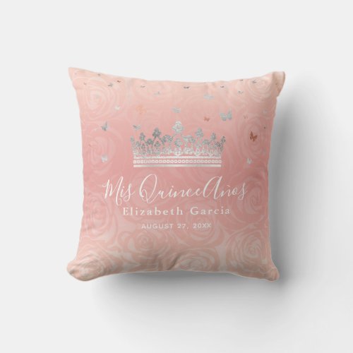 Silver Blush Pink Roses Watercolor Mis Quince Anos Throw Pillow