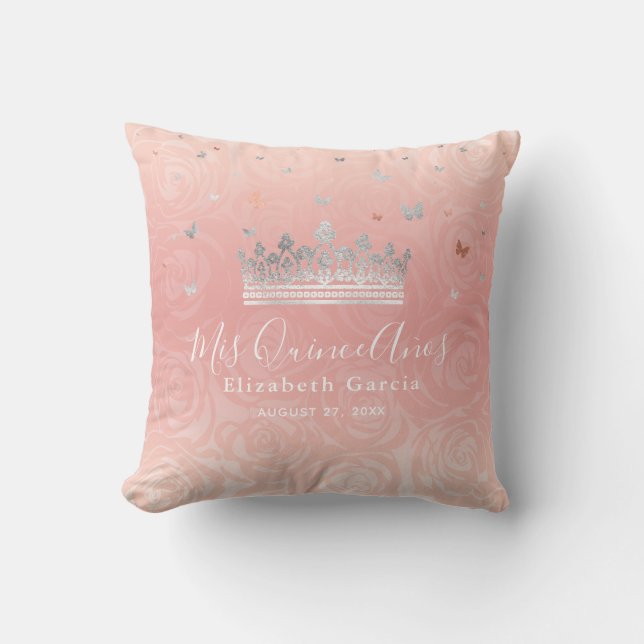 Silver Blush Pink Roses Watercolor Mis Quince Anos Throw Pillow (Front)