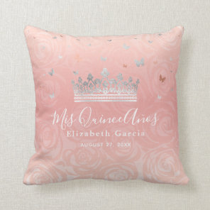 Silver Blush Pink Roses Watercolor Mis Quince Anos Throw Pillow