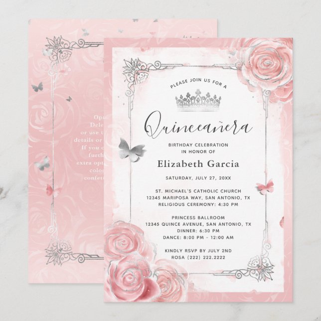 Silver Blush Pink Roses Watercolor Quinceanera Invitation (Front/Back)