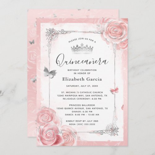 Silver Blush Pink Roses Watercolor Quinceanera Invitation