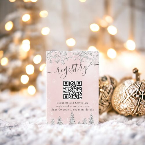 Silver blush pink snow pine winter bridal registry enclosure card