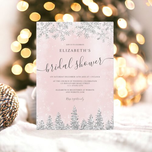 Silver blush pink snow pine winter bridal shower invitation