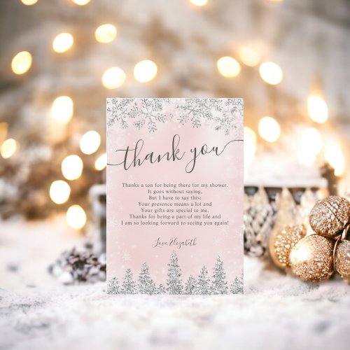 Silver blush pink snow pine winter bridal shower thank you card