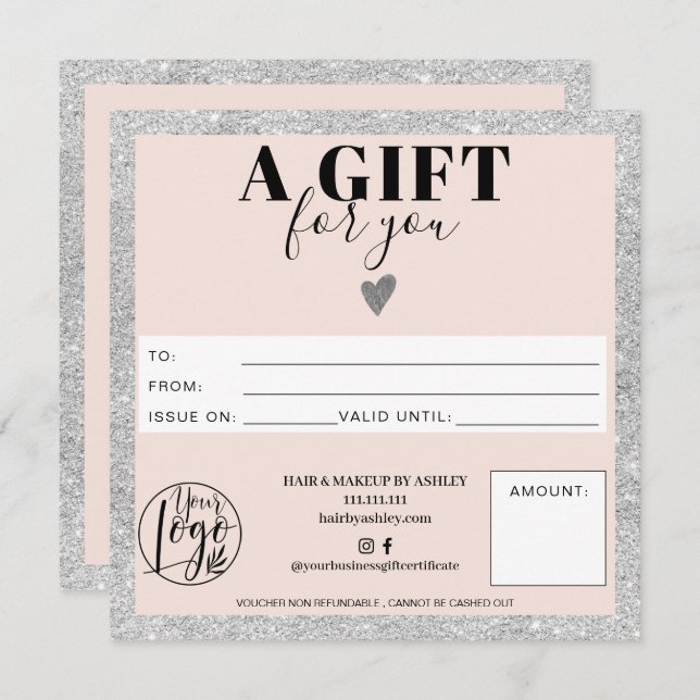 Silver blush pink square gift certificate logo (Front/Back)
