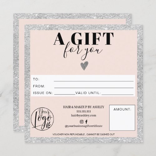 Silver blush pink square gift certificate logo