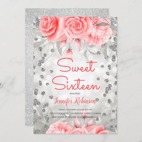 Silver Blush Pink Sweet 16  Floral Glitter Lights Invitation