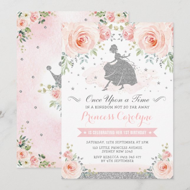 Silver Blush Roses Princess Cinderella Birthday Invitation (Front/Back)