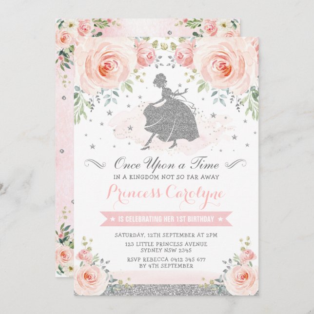 Silver Blush Roses Princess Cinderella Birthday Invitation (Front/Back)