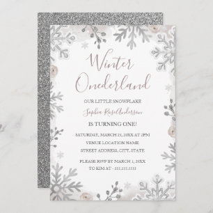 Silver Blush Winter Onederland 1st Birthday Invitation
