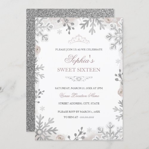 Silver Blush Winter Wonderland Sweet 16th Birthday Invitation
