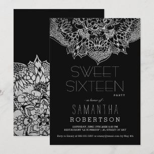 Silver boho floral mandala Sweet 16 party Invitation