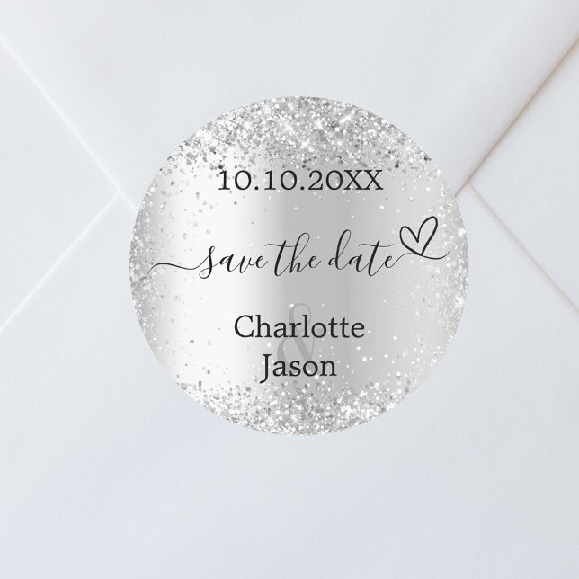 Silver boho wedding Save the Date Classic Round Sticker (Creator Uploaded)