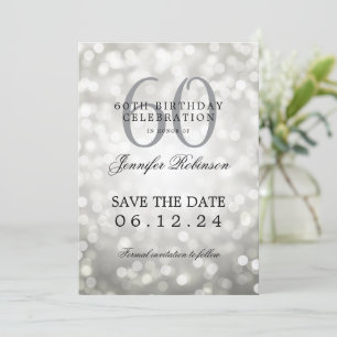 Silver Bokeh 60th Birthday Save Date w/ Details Invitation