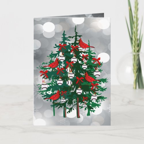 Silver Bokeh Baseball Christmas Tree with Red Bird Holiday Card