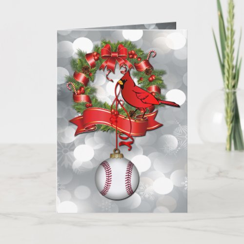 Silver Bokeh  Baseball Christmas Wreath with Red B Holiday Card