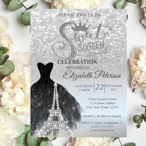 Silver Bokeh Black Dress Eiffel Tower Sweet 16 Invitation
