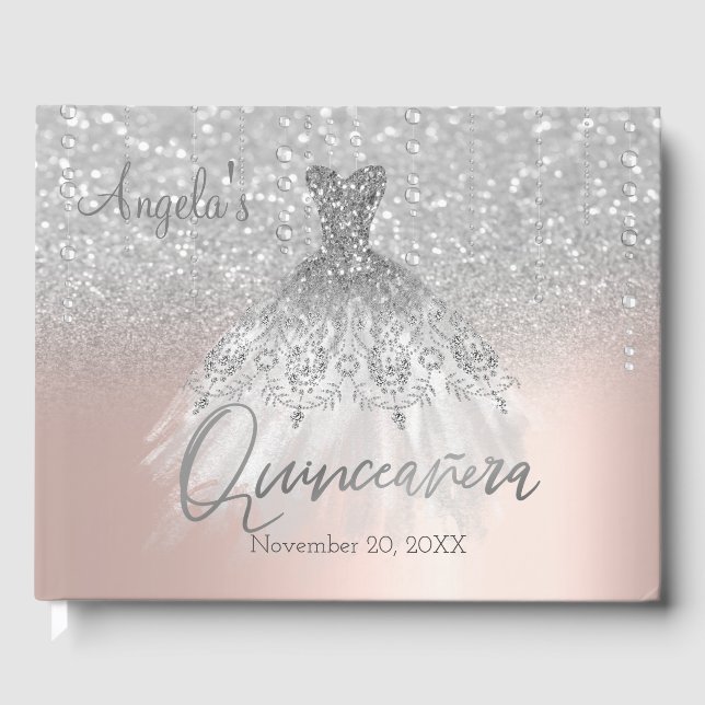  Silver Bokeh Dress Rose Gold Quinceañera  Guest Book (Front)