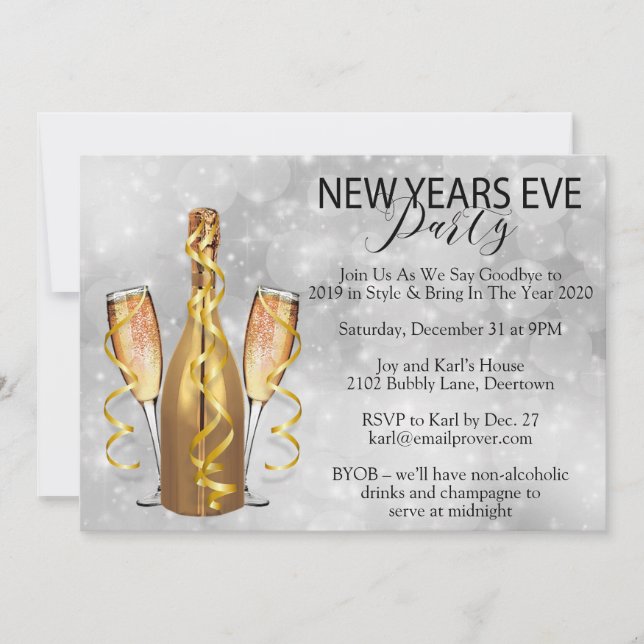 Silver Bokeh Lights New Years Eve Party Invitation (Front)