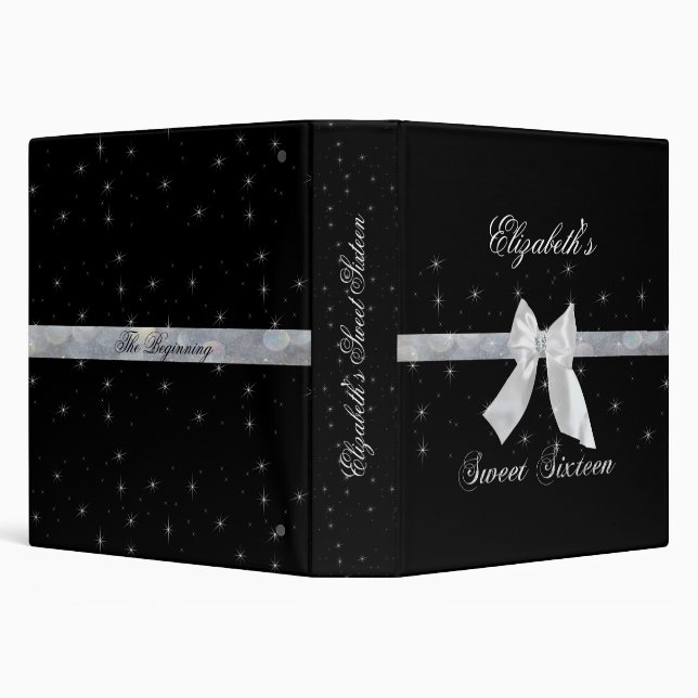 Silver Bokeh Lights Ribbon White Satin Bow 3 Ring Binder (Background)